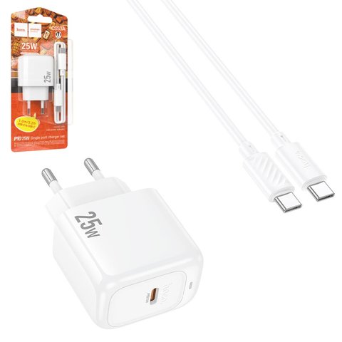 Мережевий зарядний пристрій Hoco CS53A, 25 Вт, Power Delivery PD , білий, з кабелем USB тип C до USB тип C, 1 порт, #6942007631501