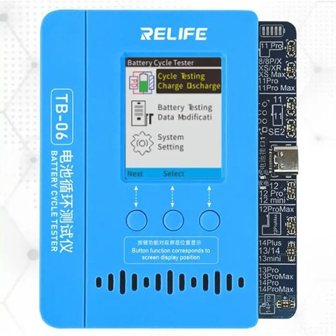Programador RELIFE TB 06, para remover el número de ciclos de carga y porcentaje de desgaste de batería