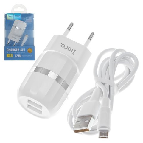 Mains Charger Hoco C41A, 12 W, 220 V, 2 USB outputs 5V 2.4A , white, with micro USB cable Type B 