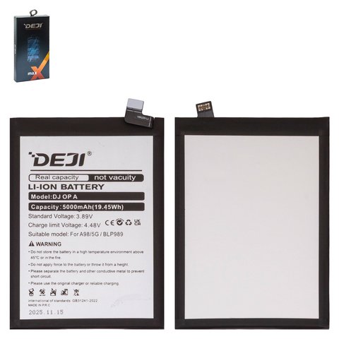 Battery Deji BLP989 compatible with Oppo A98 5G, Li ion, 3.89 V, 5000 mAh 
